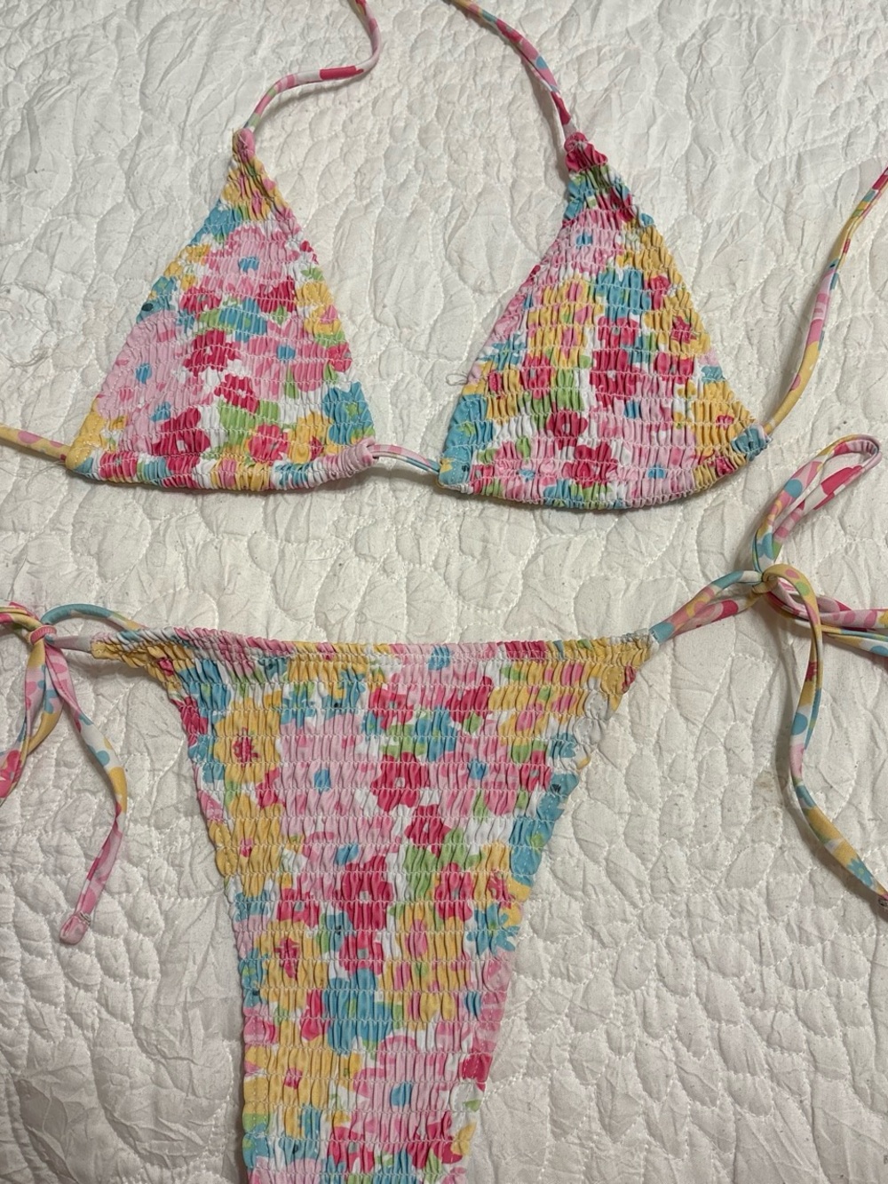 SHEIN Pink Multicolor Floral Smocked Triangle Bikini